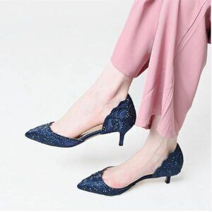 XYD Navy Pointed Toe D'Orsay Kitten Heel Rhinestone Slip-On Pump Satin Shoe